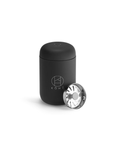 Matte Black cylindrical tumbler with a silver Splash Guard, featuring the brand 'KOHI'.