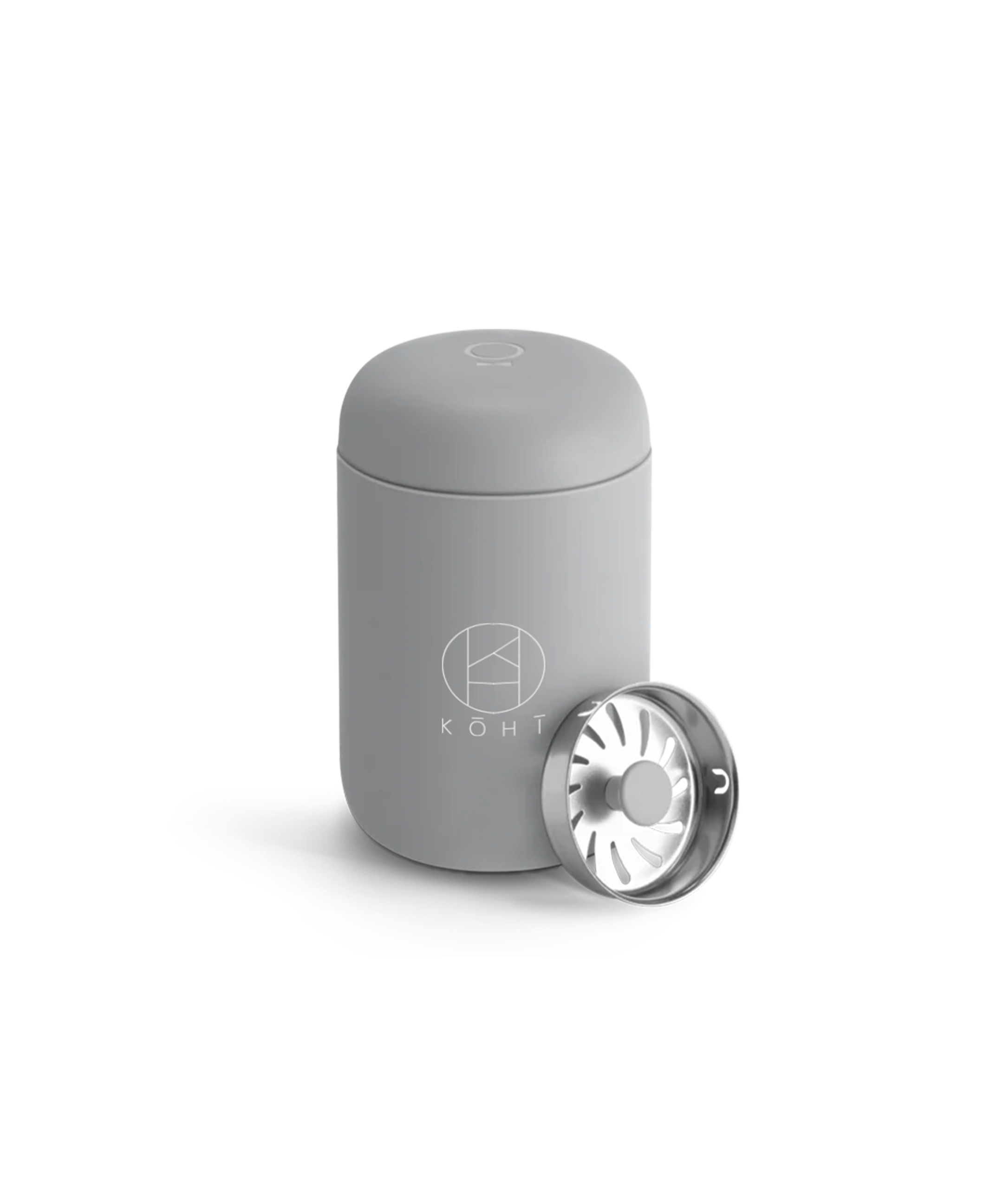 Matte Grey cylindrical tumbler with a silver Splash Guard, featuring the brand 'KOHI'.