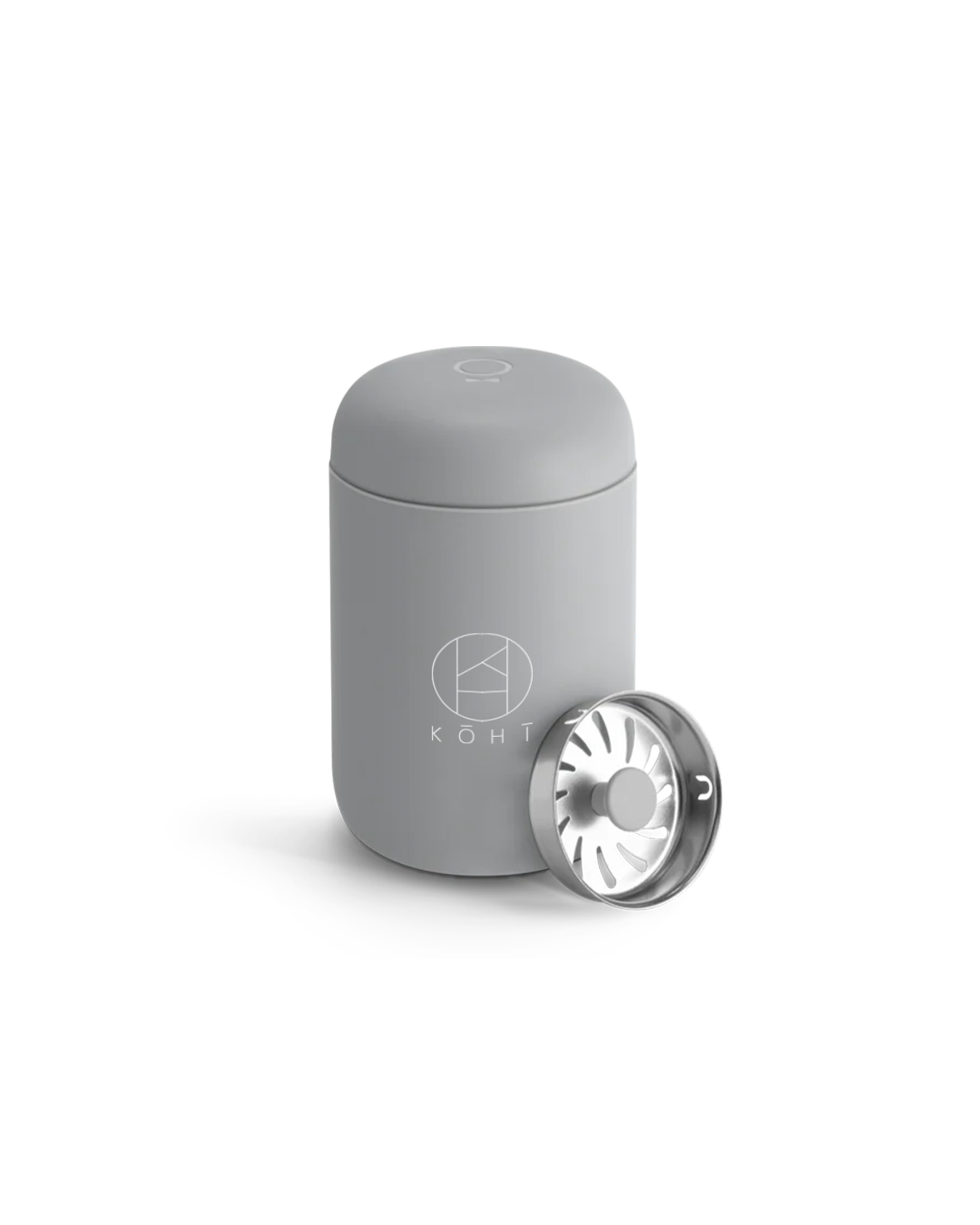 Matte Grey cylindrical tumbler with a silver Splash Guard, featuring the brand 'KOHI'.