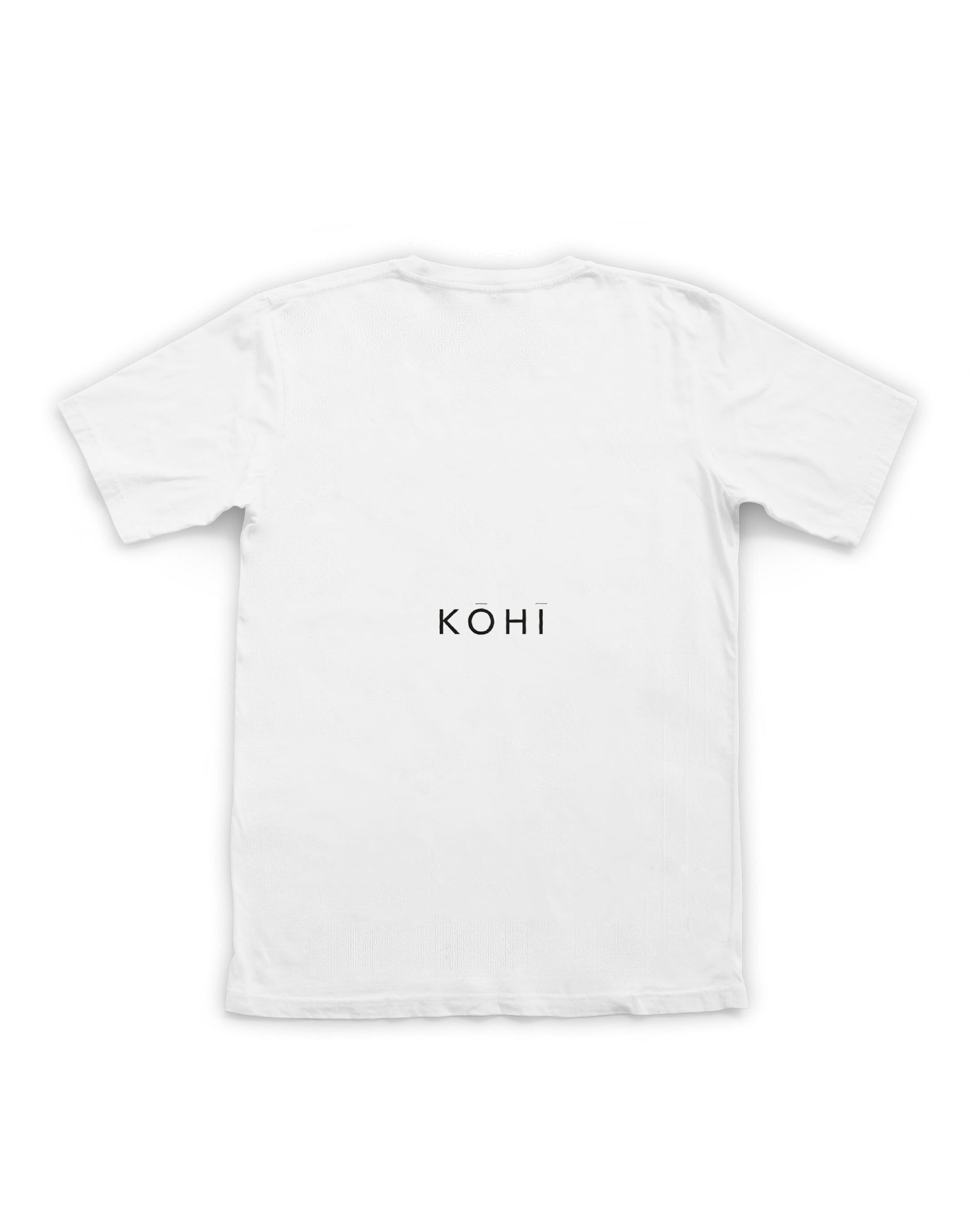 White t-shirt with 'KOHI' logo on a white background