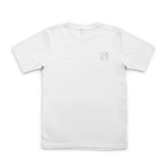 White t-shirt with a small logo on the chest against a white background