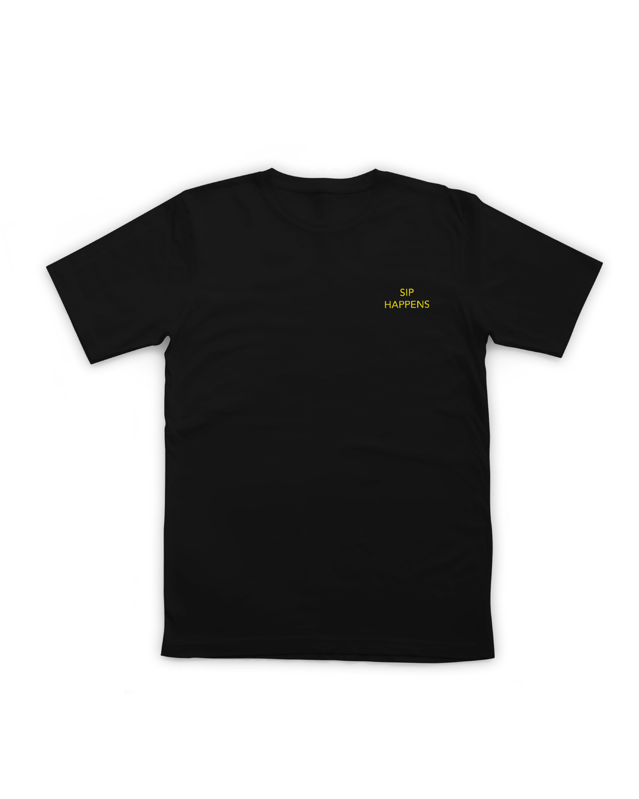 Black t-shirt with yellow text on a white background